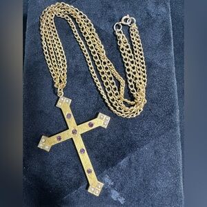 Vtg Victorian Amethyst Gemstone & Faux Pearl Brass Cross Pendant Necklace